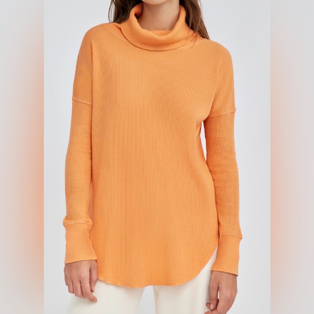 Aritzia BABATON Thermal Waffle Cowl Neck LS Top Size S|orange